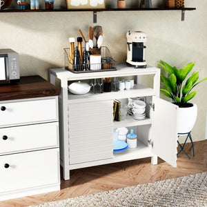 Accent Cabinet Louver Design 2-Door White Sideboard Buffet Open Shelf Decorative Credenza for Entryway Living Room Kitchen