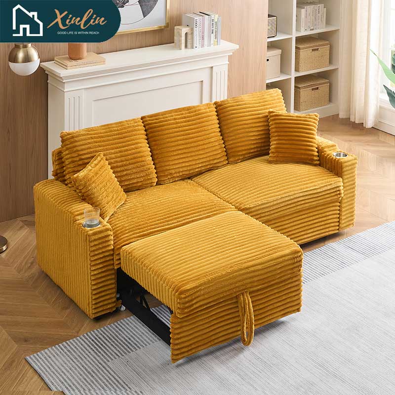 Free Shipping US 80-inch Two-in-one Pull-out, Foldable and Hidden Chaise Longue Corduroy Sofa With Cup Holders and Pillows