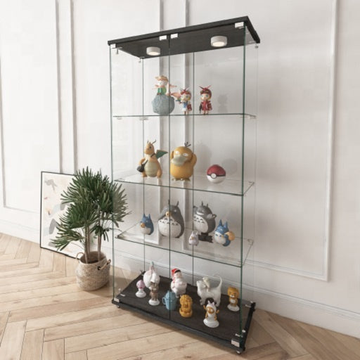 Modern Black Four Layers Two Door Glass Display Cabinet with Led Light and Wheels Living Room Furniture