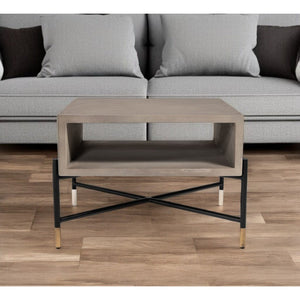 HMS 25\" Gray and Black Square Coffee Table with Shelf Made of Concrete and Metal