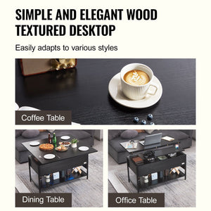 39.4\" Rectangle Lift Top Coffee Table with Light & USB Black Color