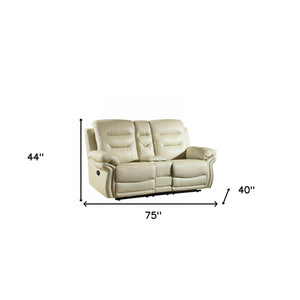 75" Modern Beige Manual Reclining Love Seat Extendable Feature Genuine Synthetic Leather Upholstery Massage Storage Included