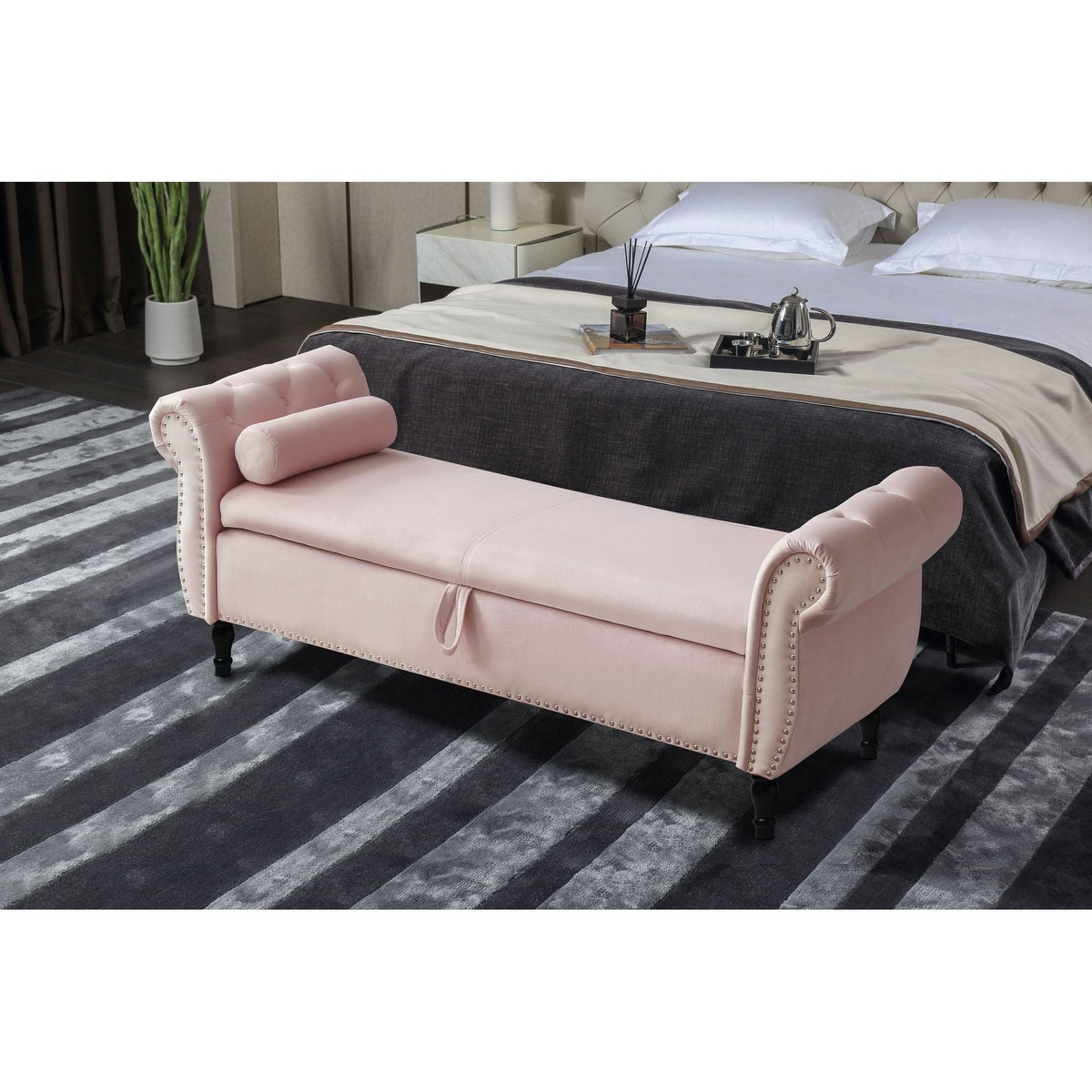 Aijia 63\" Pink Velvet Rectangular Chaise Lounge Stool Multifunctional Storage Tufted Nailhead Trim Solid Wood Legs 1 Pillow