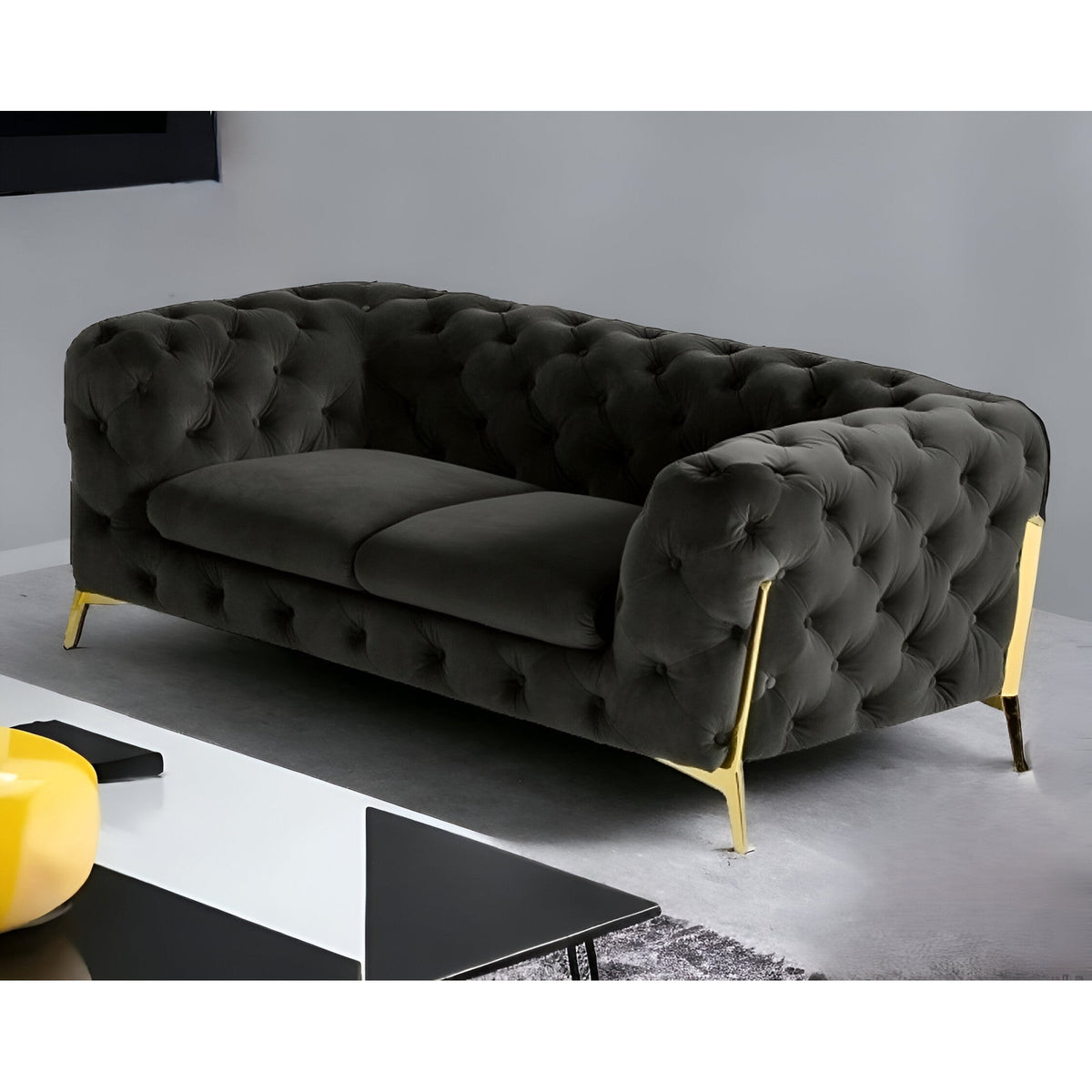 HMS 74 Dark Gray and Gold Velour Chesterfield Loveseat High-End 2-Seater Furniture for Living Rooms
