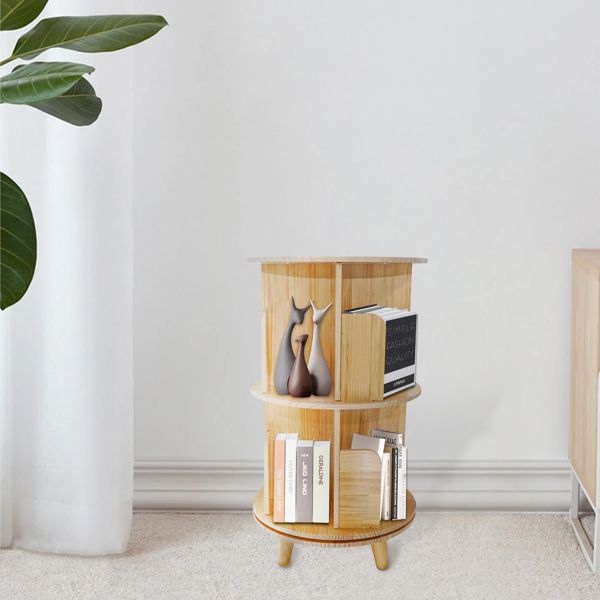 2-Layer 360-Rotation Pine Wood Bookcase Display Rack and Bookshelf