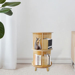 2-Layer 360-Rotation Pine Wood Bookcase Display Rack and Bookshelf