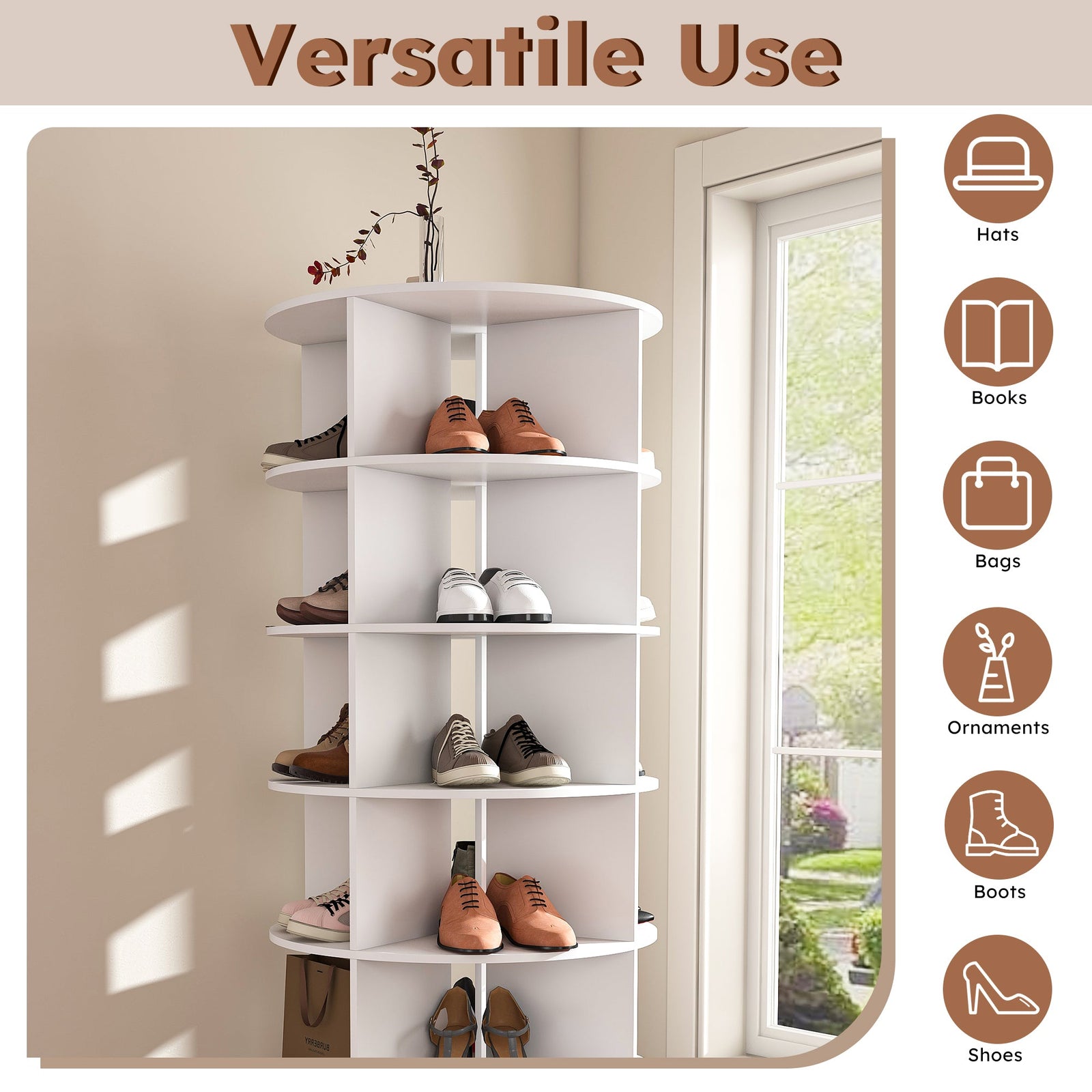 6-Tier Free Standing 360° Revolving Shoe Rack Tower High Bottom Design Lazy Susany Storage 24 Shoe Capacity for Home Furniture