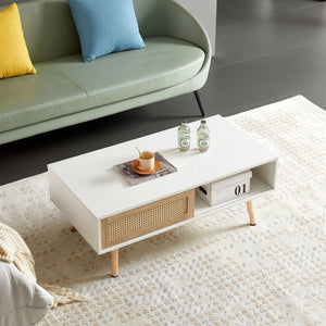 Natural Rattan Coffee  Mid-Century Center Table for Small Space Table with Sliding Doors & Open Storage Shelf