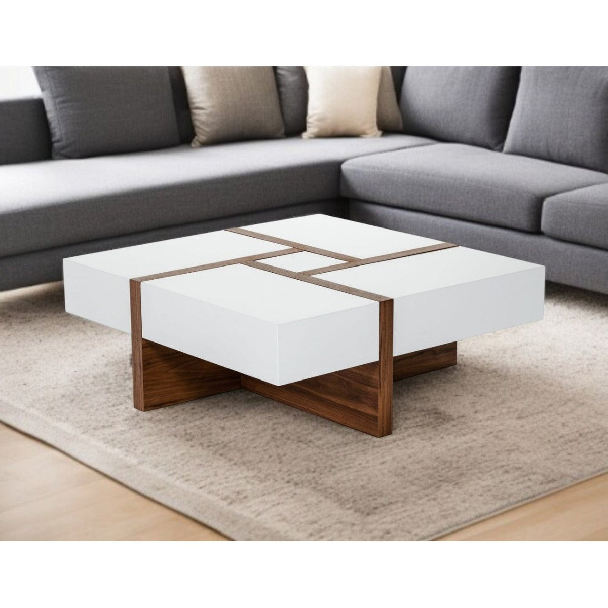 HMS 39\" Brown and White Wood Square Solid Coffee Table with Four Drawers