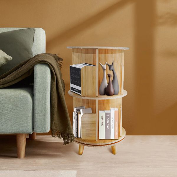 2-Layer 360-Rotation Pine Wood Bookcase Display Rack and Bookshelf