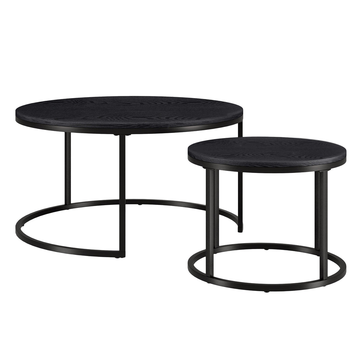 Set of Two Black Wood and Steel Round Frame Nested Coffee Tables HMS Design