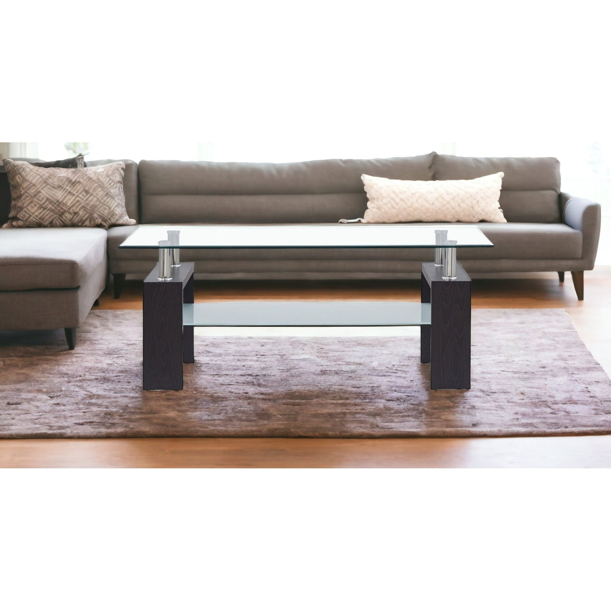 HMS 43\" Elegant and Modern Square Glass Coffee Table with Shelf for Home Office Dining School Hospital Villa