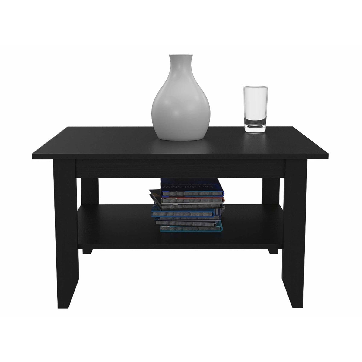 Antique-Style HMS 32\" Black Coffee Table with Shelf Wood and Metal Construction for Living Room Dining or Home Furniture Use