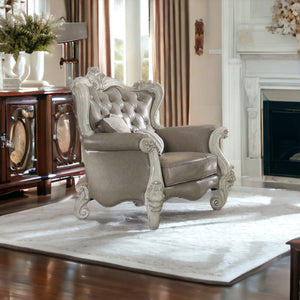 HMS 43\" Gray and Bone Faux Leather Tufted Chesterfield Chair with Toss Pillows Elegant Living Room Furniture