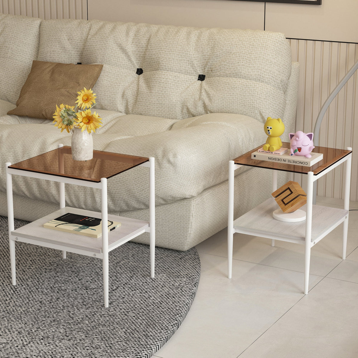 New Two White Side Tables Sets Tempered Glass Tabletop with MDF Layer for Living Room Furniture