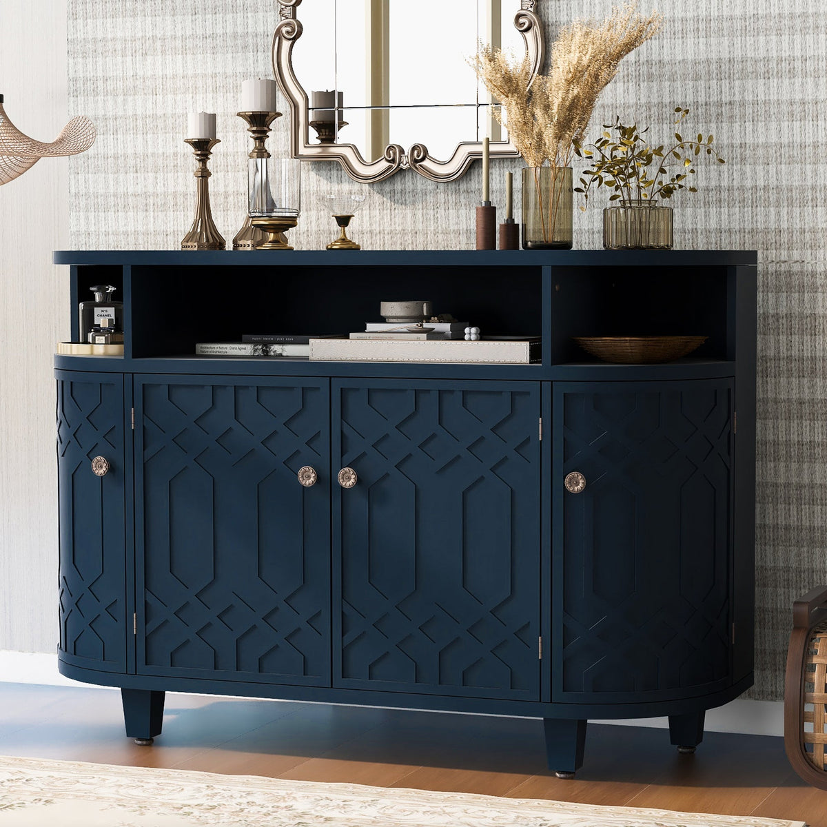 Curved Design Storage Cabinet Featuring Four Doors and Adjustable Shelves Suitable for Corridors Entrances and Study