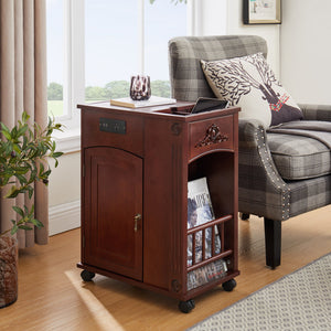 Powered Traditional End Table with Charging Station, Narrow Side Table with USB Ports and Outlets, Nightstand with Storage