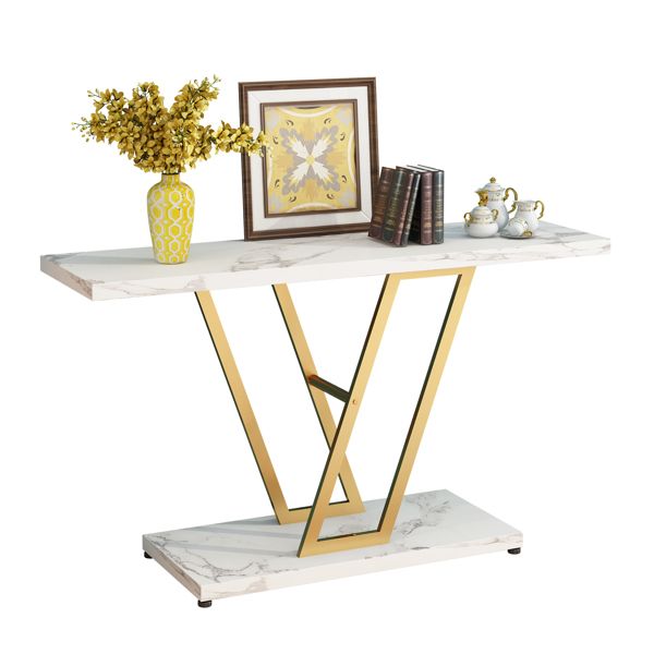 42 Inch Industrial Console Table Easy Assembly Gold/White Metal Frame Entryway Sofa Table Living Room Hallway Table Narrow Table