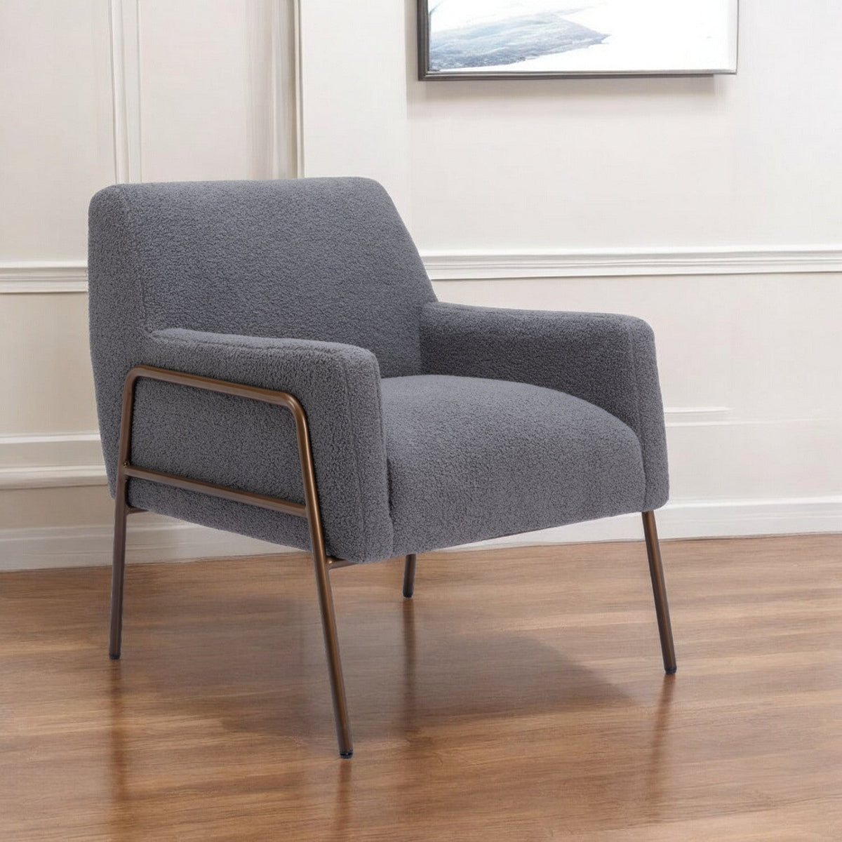 HMS 28\" Gray and Bronze Contemporary Design Faux Shearling and Sherpa Upholstered Arm Chair for Home Office or Bedroom