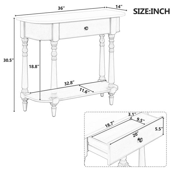 Navy Retro Entryway Console Table with Open Shelf and Top Drawer Narrow Curved Corner Sofa Table for Living Room and Hallway