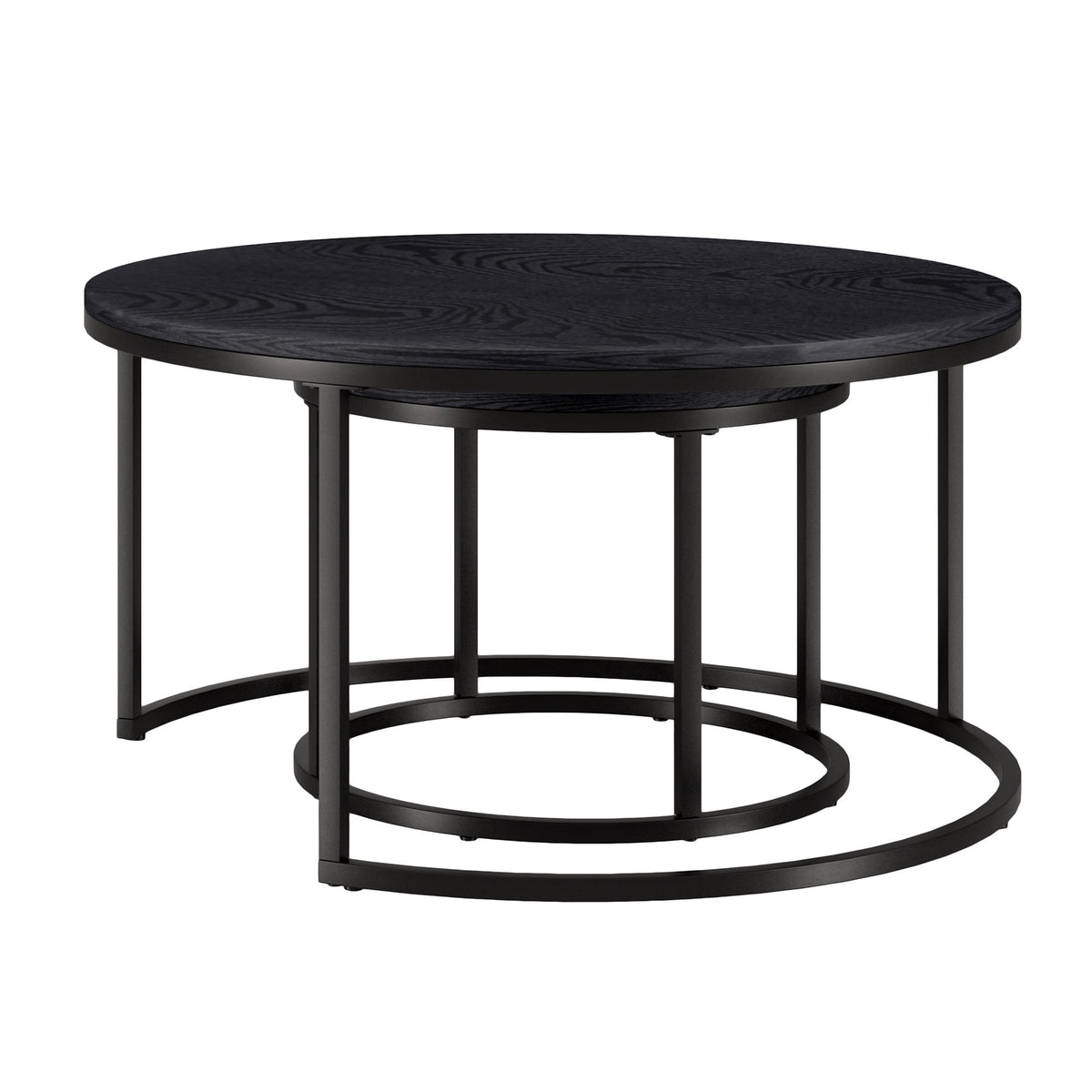 Set of Two Black Wood and Steel Round Frame Nested Coffee Tables HMS Design