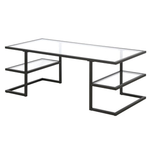 HMS 47\" Black Glass and Steel Coffee Table with Two Shelves Elegant Living Room Furniture for Home Use