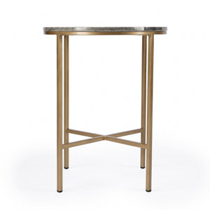 HMS 23\" Traditional Round End Table with Brass & Gray Marble Featuring Mango and Drawer for Living Room or Entry Use