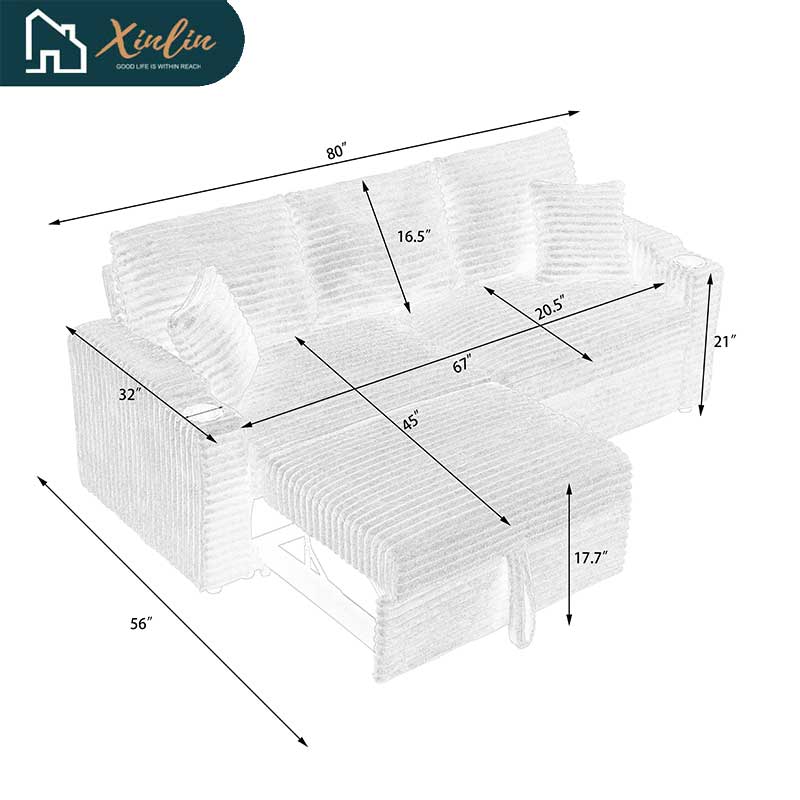 Free Shipping US 80-inch Two-in-one Pull-out, Foldable and Hidden Chaise Longue Corduroy Sofa With Cup Holders and Pillows
