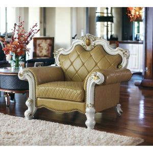 HMS 50 Beige and Pearl Faux Leather Tufted Arm Chair with Toss Pillow Elegant Living Room Furniture