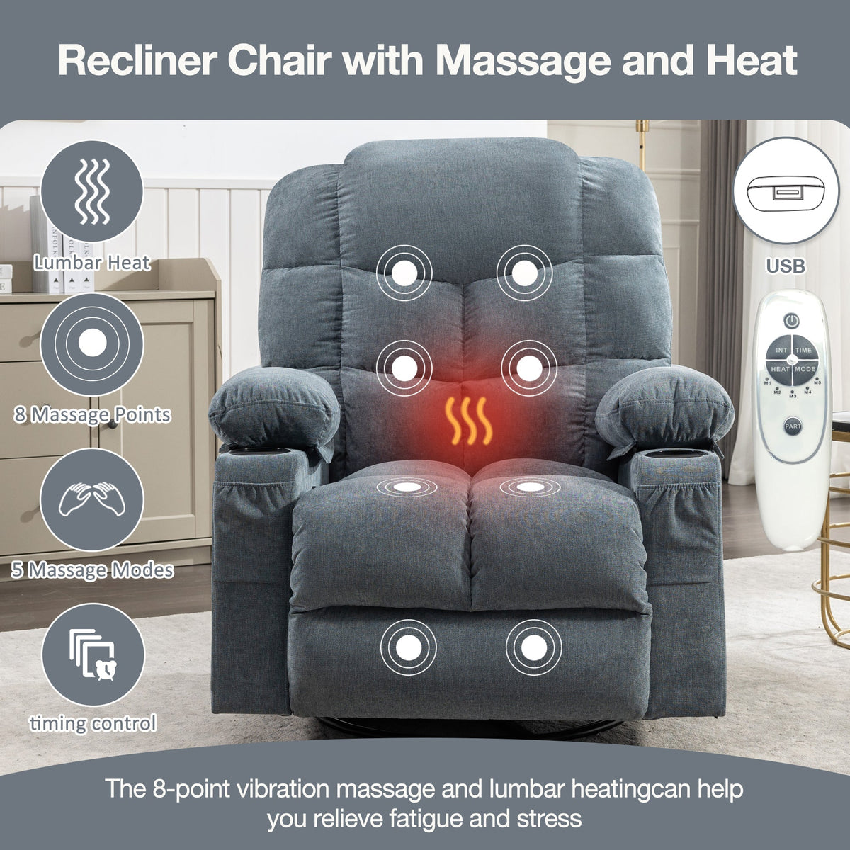 Oversized 2-Cup Holders USB Charge Port Modern Soft Features Manual Massage Heat Grey Blue Rocking Chair for Adults for Massage