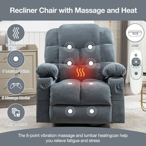 Oversized 2-Cup Holders USB Charge Port Modern Soft Features Manual Massage Heat Grey Blue Rocking Chair for Adults for Massage