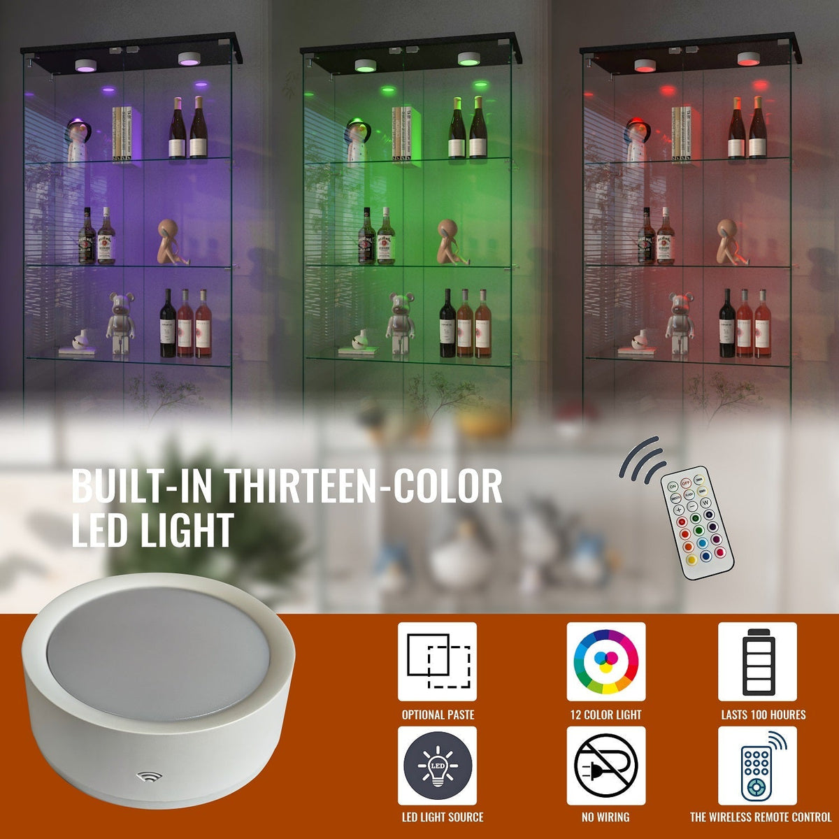 Modern Black Four Layers Two Door Glass Display Cabinet with Led Light and Wheels Living Room Furniture