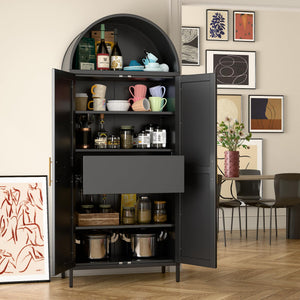 73-inch Tall Metal Arched Cabinet Modern Arch Bookshelf Display Internal Drawers Black FCJ for Home Office Bar Living Room