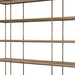 HMS 82 Antiqued Brass and Light Brown Distressed Metal Solid Wood Three-Tier Bookcase with Four Doors