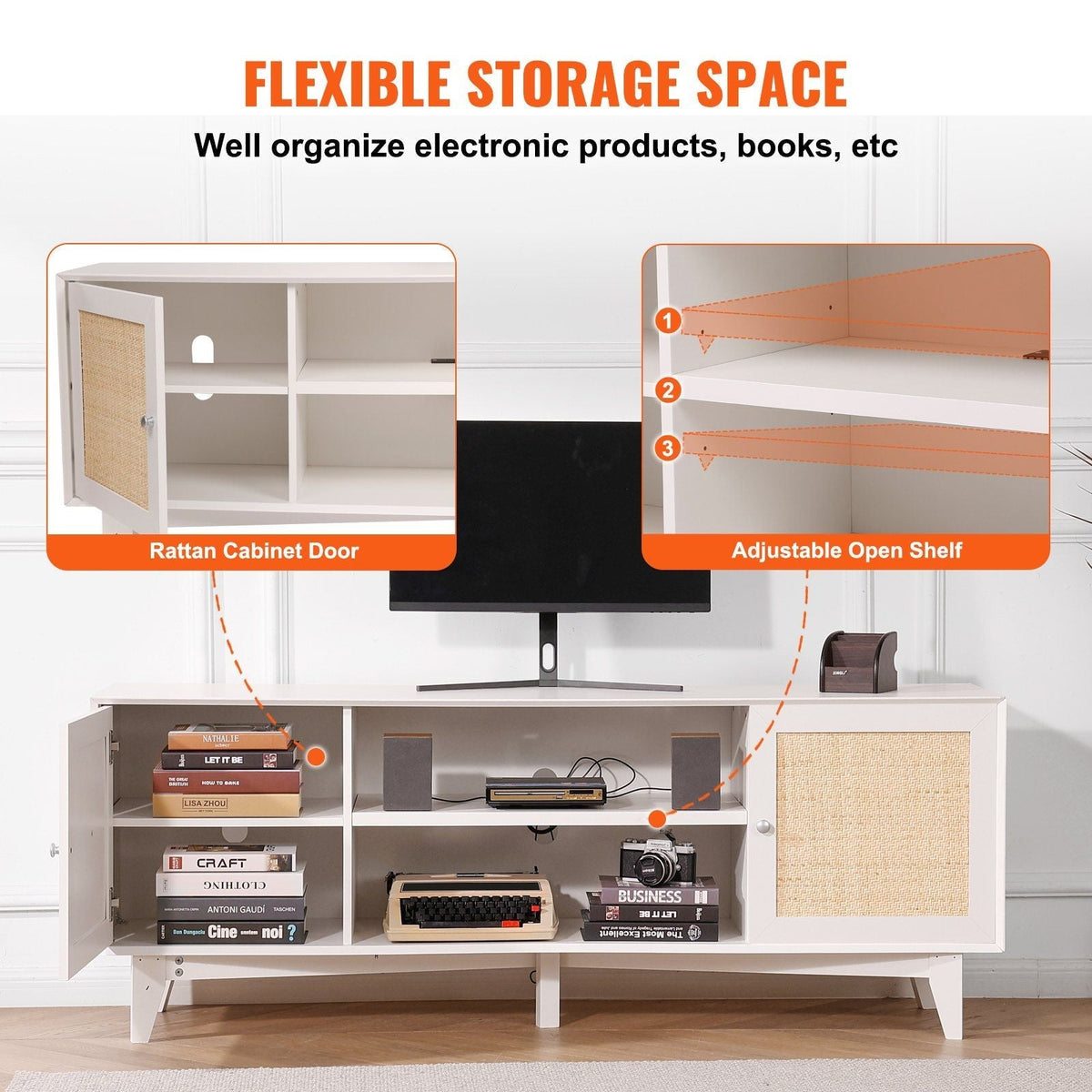 Modern 75in TV Stand Rattan Door 2 Shelves Build-in Socket Storage Cabinet White Entertainment Center for Living Room Media Room
