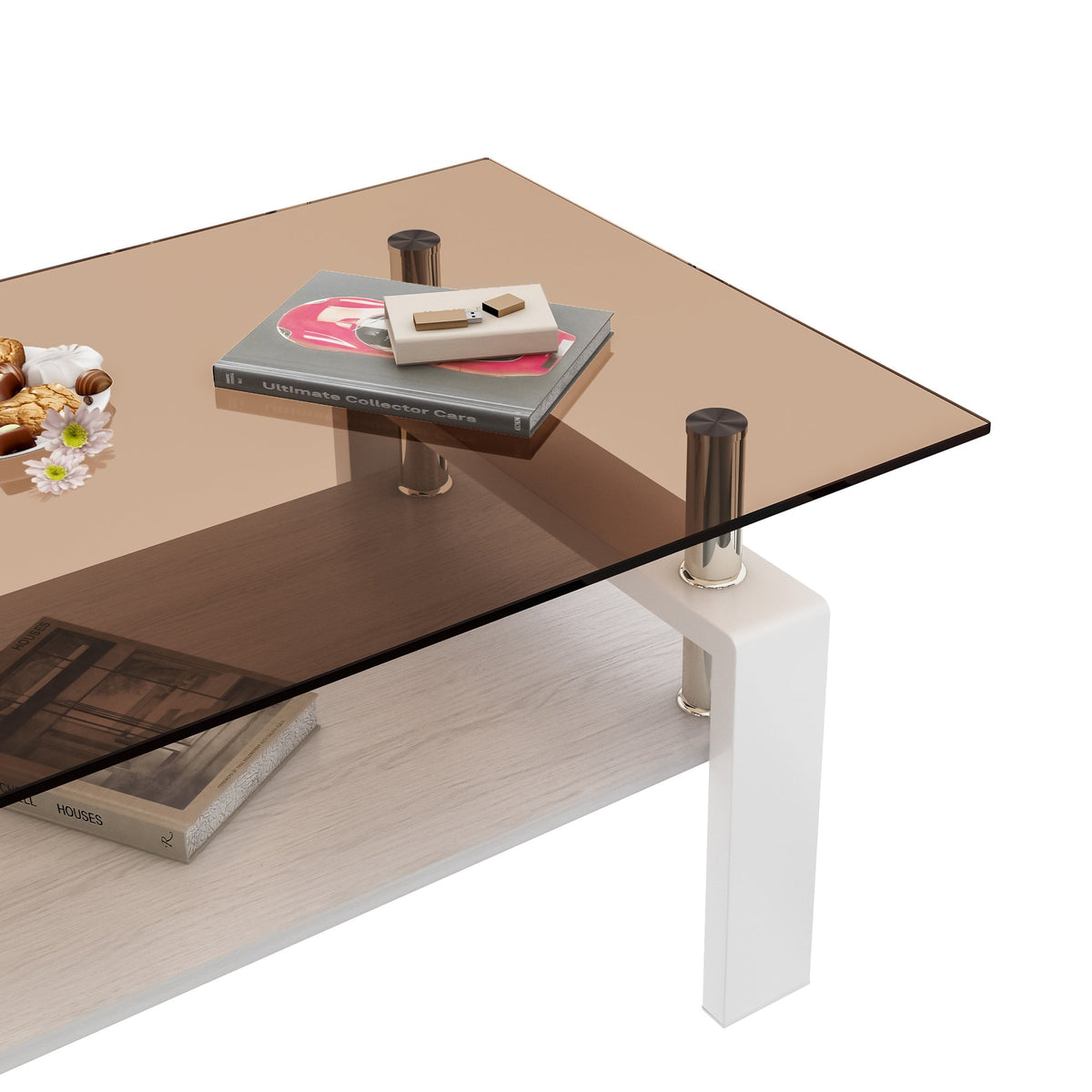 Two Layer Rectangular Modern Coffee Table with Storage Coffee Table for Living Room