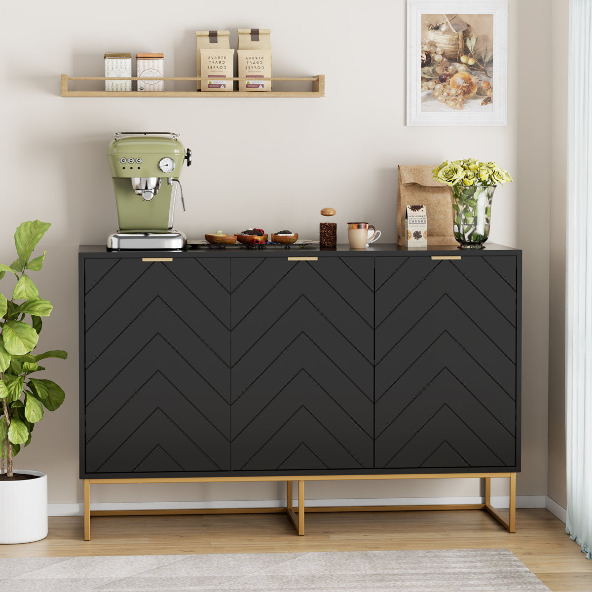 US Overseas Warehouse Free Shipping Black Storage Buffet Cabinet 3 Doors Sideboard Cabinet with Adjustable Shelf