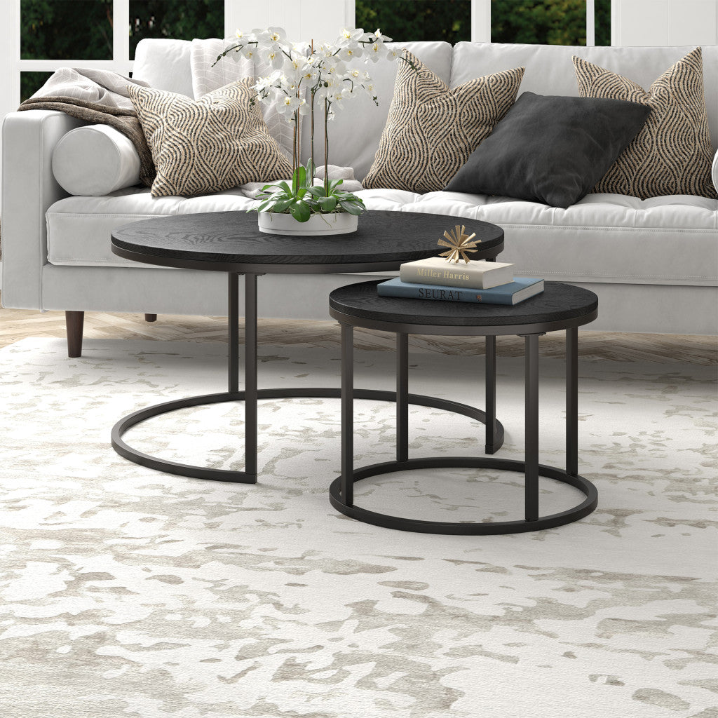 Set of Two Black Wood and Steel Round Frame Nested Coffee Tables HMS Design