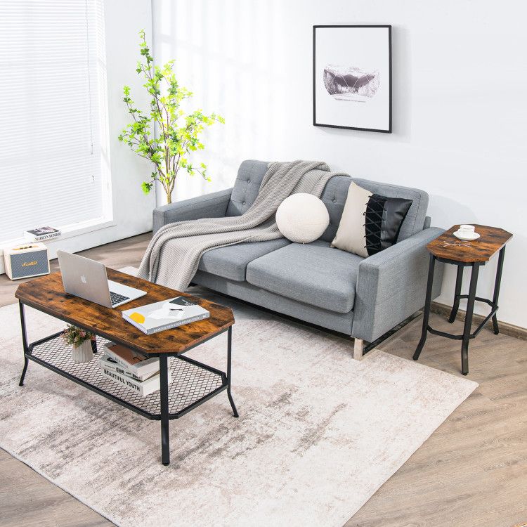 Stable Steel Frame Coffee Table with Rustic Wood Grain Narrow End Table