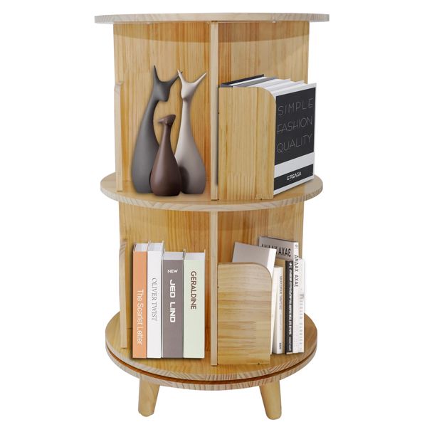 2-Layer 360-Rotation Pine Wood Bookcase Display Rack and Bookshelf