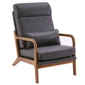 High Back Solid Wood Armrest & Backrest Indoor Leisure Chair Iron Frame with Bronzing Cloth Dark Grey for Living Room