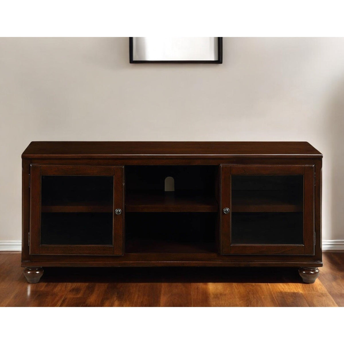 HMS 58\" Brown Wood and Glass TV Stand with Enclosed and Open Storage for Home Entertainment
