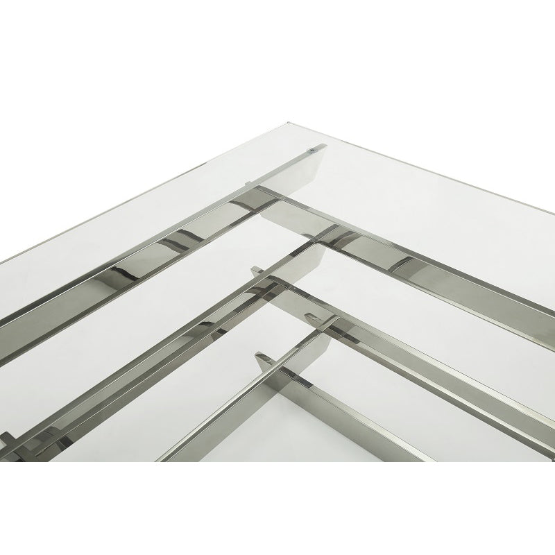 HMS 39\" Clear and Silver Glass Square Stainless Steel Coffee Table with Shelf Sleek Square Sled Design
