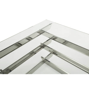 HMS 39\" Clear and Silver Glass Square Stainless Steel Coffee Table with Shelf Sleek Square Sled Design