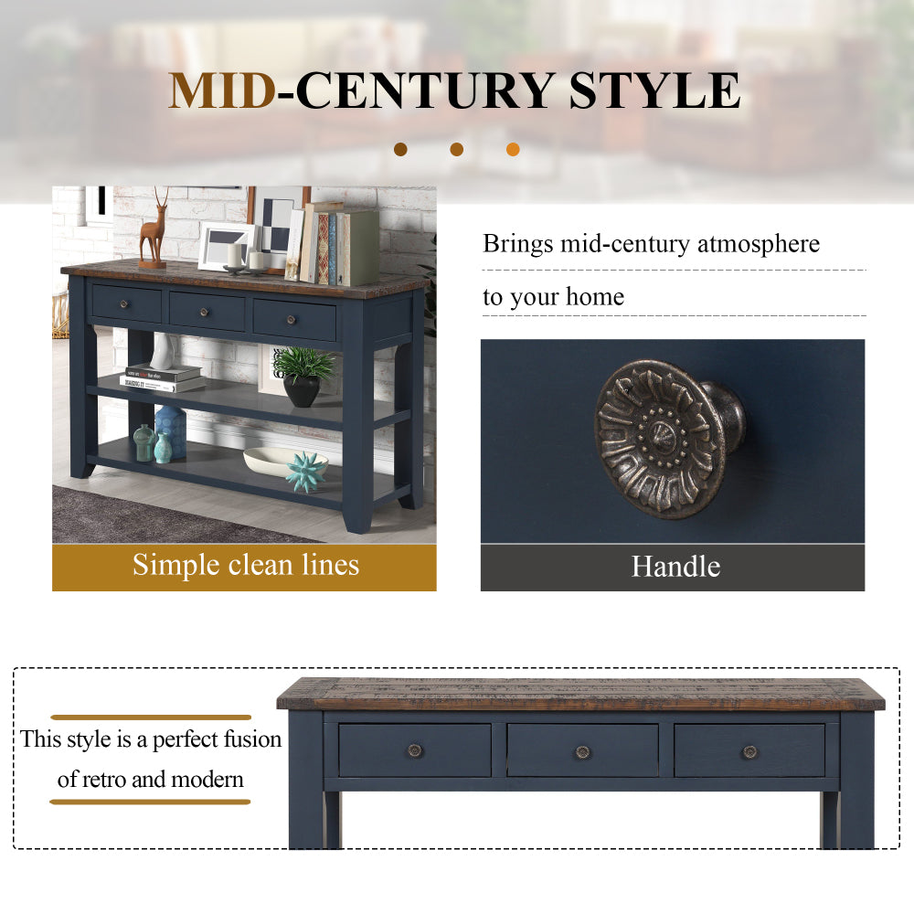 48'' Solid Pine Wood Top Console Table, Modern Entryway Sofa Side Table with 3 Storage Drawers and 2 Shelves