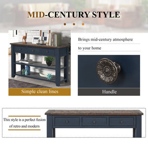 48'' Solid Pine Wood Top Console Table, Modern Entryway Sofa Side Table with 3 Storage Drawers and 2 Shelves