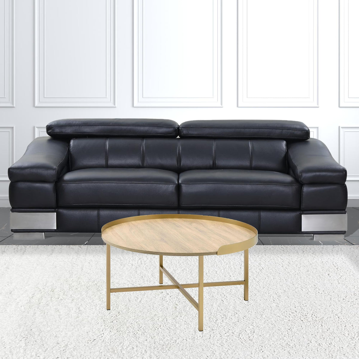 HMS 34\" Convertible Oak and Gold Wood and Metal Round Sled Coffee Table Farmhouse Style Tea Table for Living Room Use
