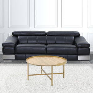 HMS 34\" Convertible Oak and Gold Wood and Metal Round Sled Coffee Table Farmhouse Style Tea Table for Living Room Use