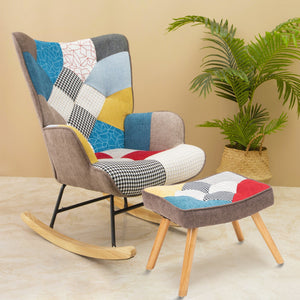 Rocking Chair, Mid Century Fabric Rocker Chair with Wood Legs and Patchwork Linen for Livingroom Bedroom