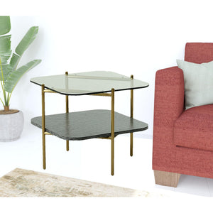 HMS 20\" Gold and Clear Glass Metal Square TV Stand with Shelf Elegant End Table with Storage